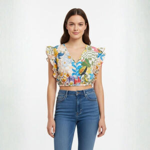 Garrie B White Multi-color Floral Fruit Crop Top - Small - See Notes